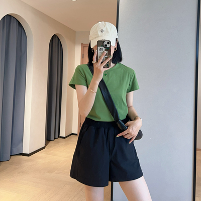 WTHEONE高品质抗皱珍珠匹马棉正肩显瘦纯色圆领短袖T恤女2025夏新