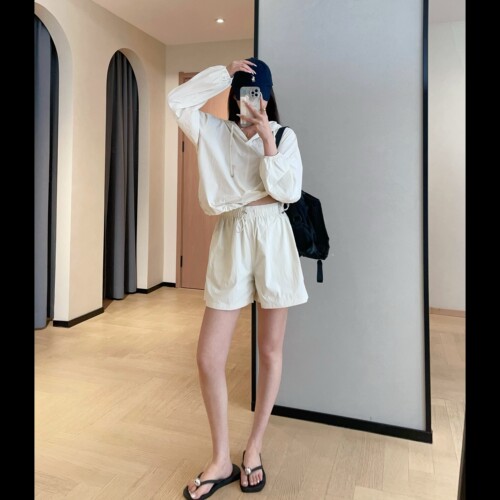 WTHEONE清仓福利懒人套装皱感宣纸阔腿短裤防晒连帽上衣两件套夏