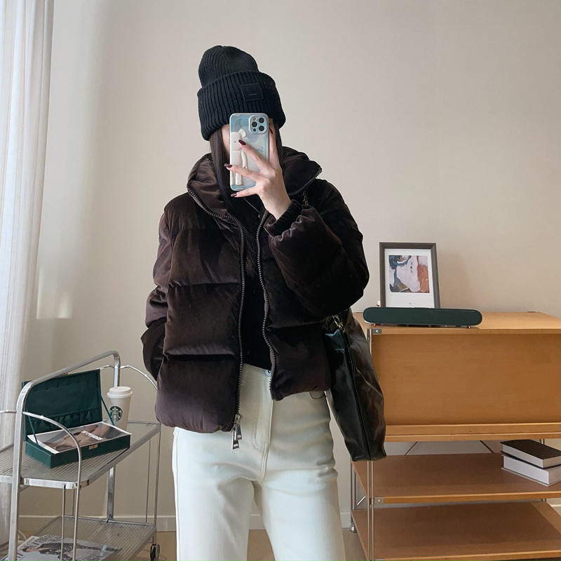 WTHEONE重磅款柜上2W+高级贵气感丝绒立领90白鹅绒短款羽绒服女冬_虎窝淘