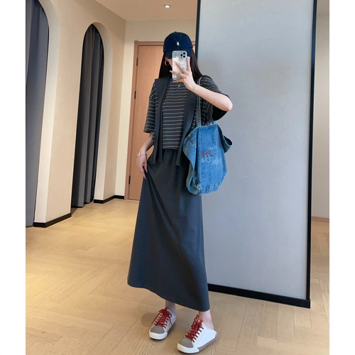 WTHEONE松弛感天丝莫代尔披肩短袖条纹T恤半身裙套装女2026新款夏