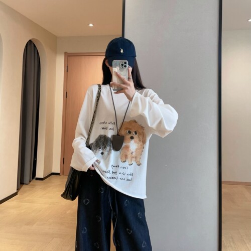 WTHEONE复古时髦手绘小狗印花柔软细腻宽松显瘦长袖T恤女2026春夏