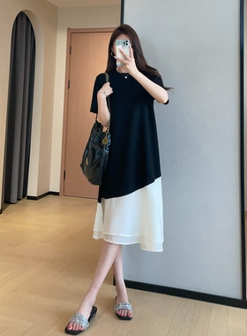 WTHEONE巨显瘦气质休闲短袖T恤裙拼接花瓣中长款连衣裙女2026新款