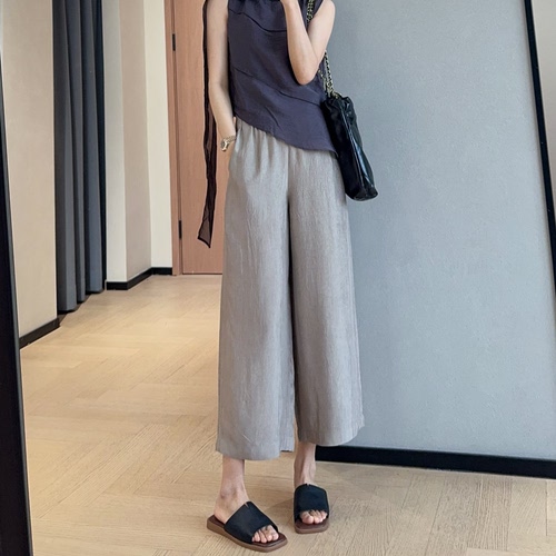 WTHEONE高级老钱风褶皱肌理凉感垂坠抗皱醋酸九分直筒阔腿裤女夏