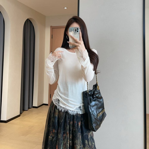 WTHEONE设计感蕾丝拼接收腰天丝绵羊毛打底衫圆领长袖女春夏上衣
