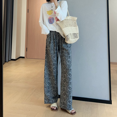 WTHEONE时髦复古腰果花提花松紧腰宽松直筒阔腿休闲裤女2025夏新