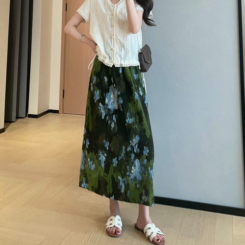 WTHEONE氛围感复古油画花卉印花百褶裙中长款a字半身裙女2026新款