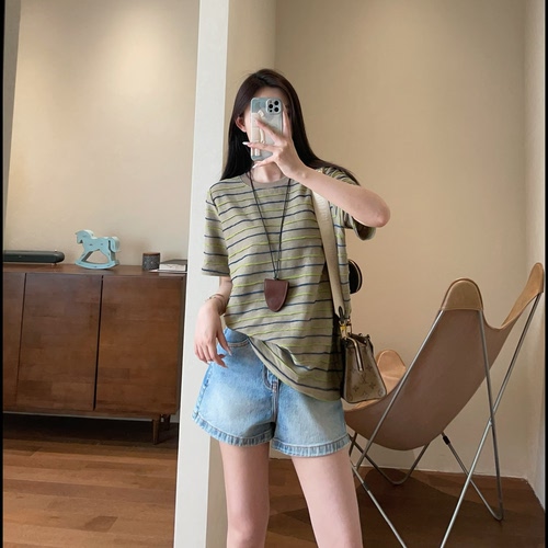 WTHEONE韩系松弛感绿色竹节提花条纹宽松显瘦圆领短袖T恤女2025夏
