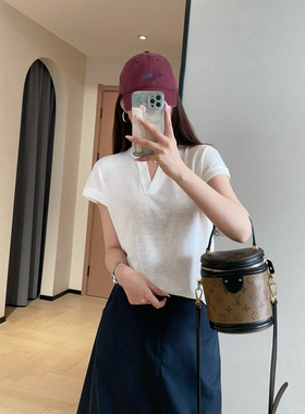 WTHEONE神仙面料轻薄透气雪花亚麻天丝短袖V领T恤女显瘦正肩上衣