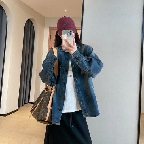 美式复古做旧感牛仔衬衫外套