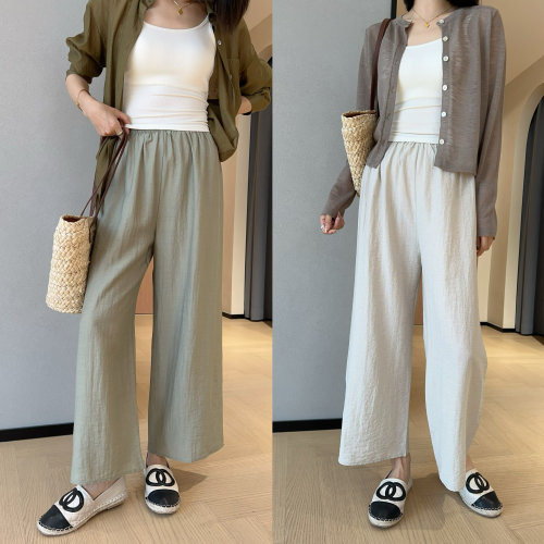 WTHEONE王者舒适抗皱亚麻休闲裤凉爽透气松紧高腰九分阔腿裤女夏