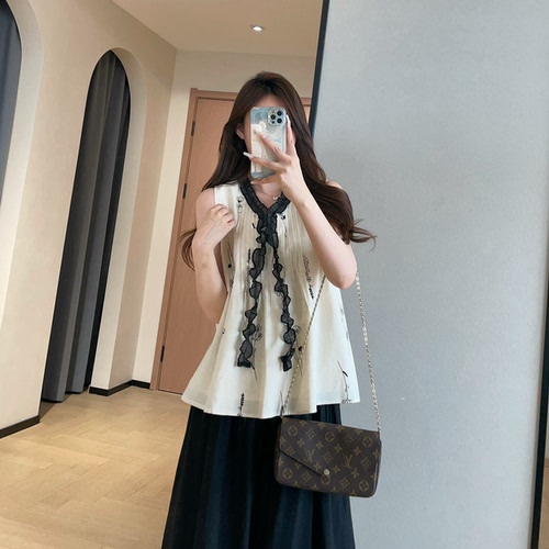 巨美天丝亚麻木耳边无袖衬衫上衣
