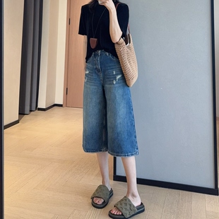 WTHEONE美式时髦后翻袋破洞七分牛仔裤高腰休闲中裤女2026新款夏