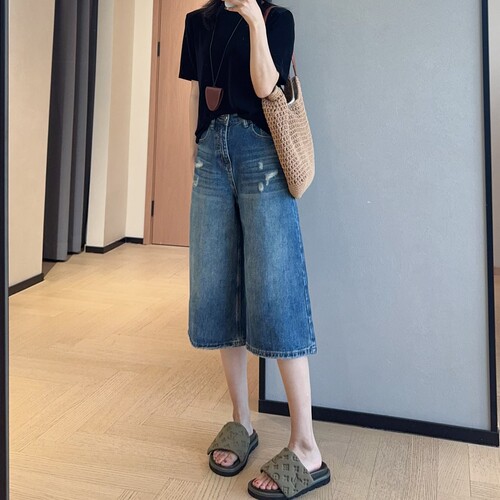 WTHEONE美式时髦后翻袋破洞七分牛仔裤高腰休闲中裤女2026新款夏