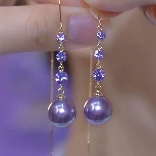 紫色珍珠耳环女2024新款爆款轻奢小众设计感高级气质名媛长款耳饰