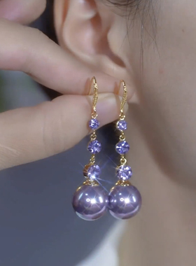 新款紫色锆石流苏耳线时尚法式长款显脸瘦简约港风复古耳环女