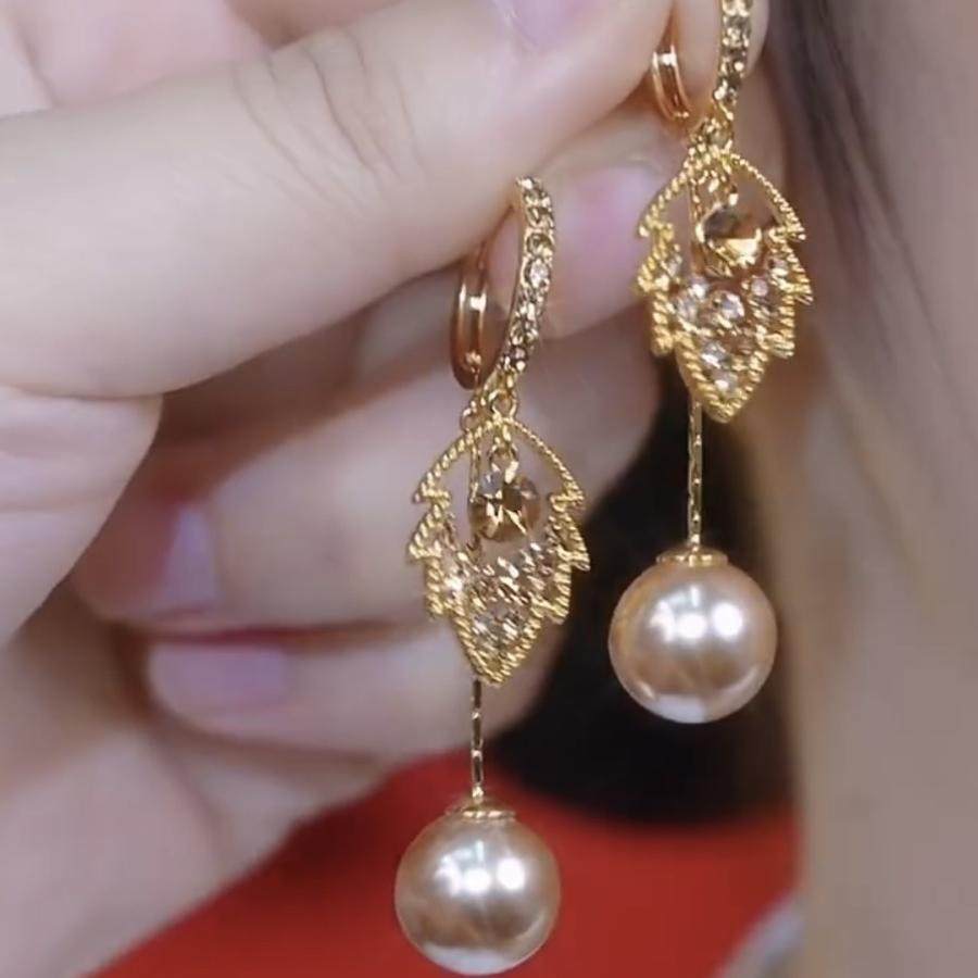 美拉德色系满钻树叶流苏耳扣