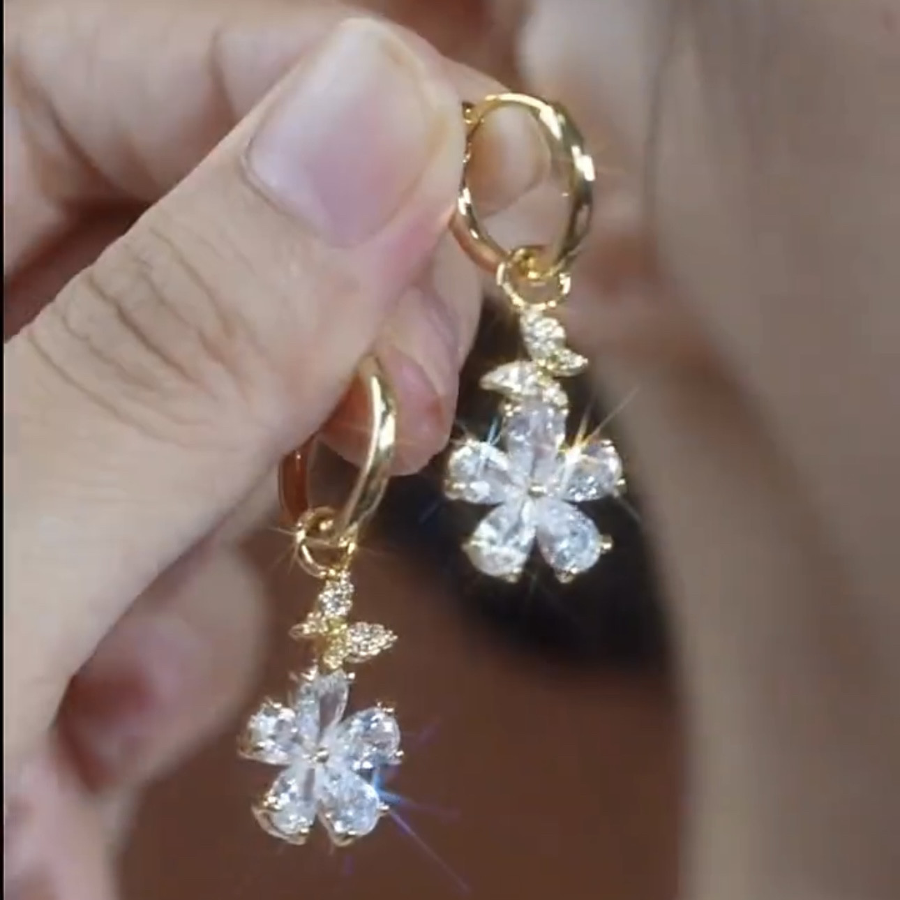 锆石小花朵耳扣女纯银针耳环