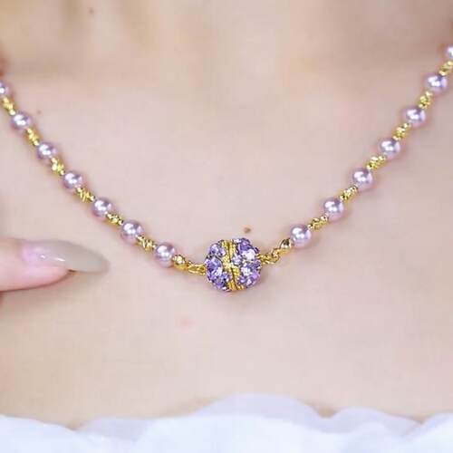 紫色镶钻球球磁吸珍珠项链女
