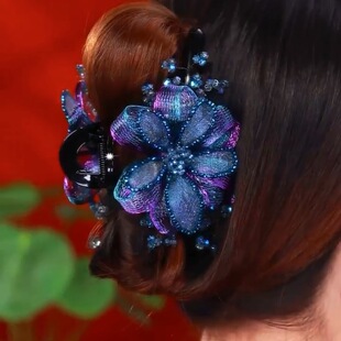 高端系列发夹女蓝玫瑰盘发抓夹手工编织铜丝花朵鲨鱼夹头饰
