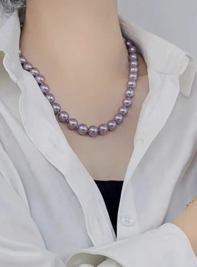 温柔赫本风元宝渐变紫色施家珍珠项链2024新款锁骨链高颜值项饰女