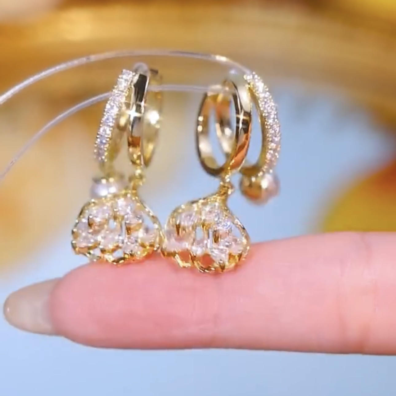 韩版时尚微镶锆石方块球球珍珠耳扣女精致简约轻奢高级感耳环