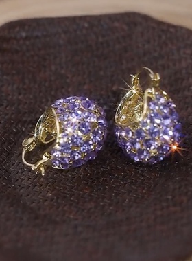 超闪紫色满钻提篮耳扣网红轻奢复古港风百搭气质精致时尚耳环耳饰