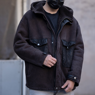 皮草 休闲外套冬季 2678原生态皮毛一体重水洗醇植酱染男装 连帽时尚