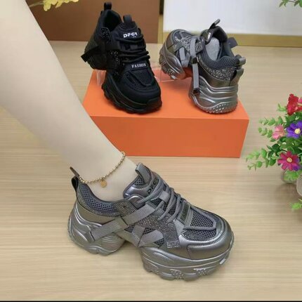 水钻厚底增高老爹鞋女鞋2025秋季新款软底轻便百搭松糕休闲运动鞋