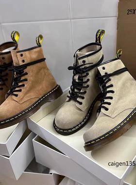 牛反绒系带马丁靴女2024秋冬烟灰色英伦风复古短靴白菜价真皮靴