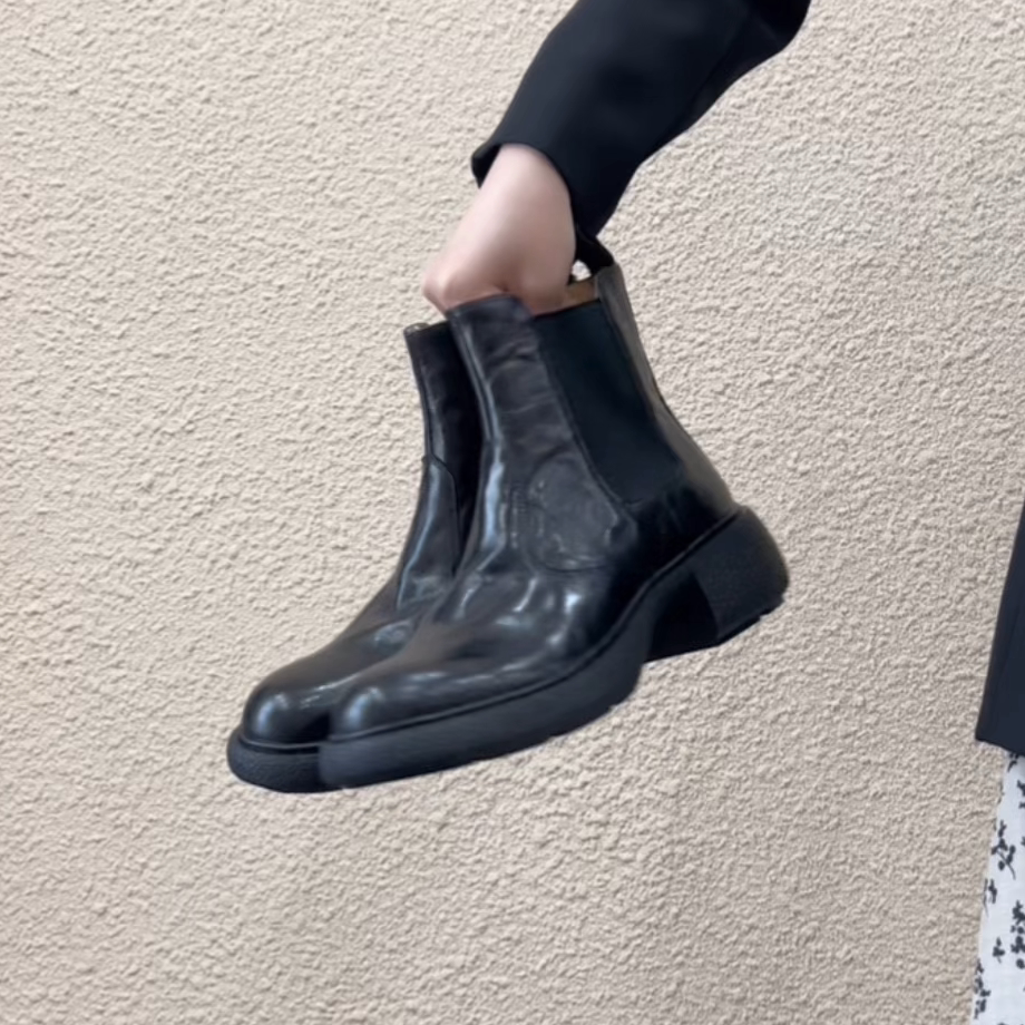 牛皮一脚蹬松紧切尔西靴粗跟短靴