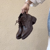 通勤短靴复古圆头羊皮休闲系带粗跟马丁靴女款 RubyL 5cm基础款