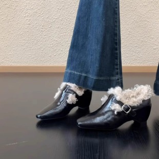 RubyL/6cm老钱风黑色皮带扣玛丽珍鞋女毛毛内增高复古方头毛毛鞋