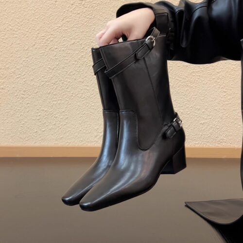 皮带扣粗跟短靴显瘦中筒骑士靴女
