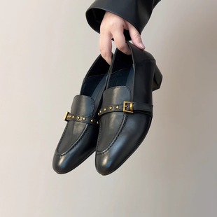通勤单鞋 女粗跟深口皮鞋 3.3cm英伦风牛皮铆钉皮带扣乐福鞋 RubyL