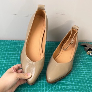 RubyL/2.5cm法式气质简约尖头浅口单鞋两穿软底羊皮粗跟小皮鞋女