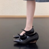 RubyL 4.5cm百搭复古擦色牛皮方头浅口坡跟单鞋 女双蝴蝶结玛丽珍