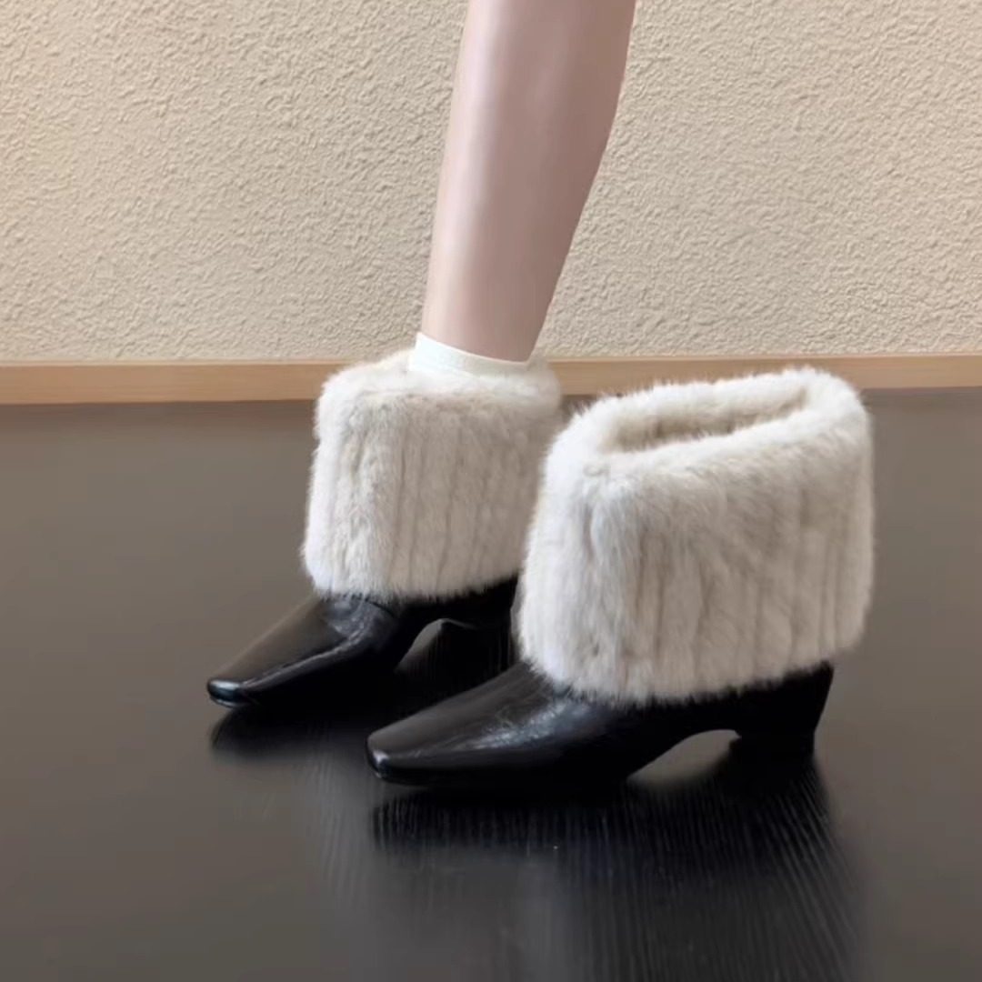 方头牛皮毛毛保暖短靴女小众