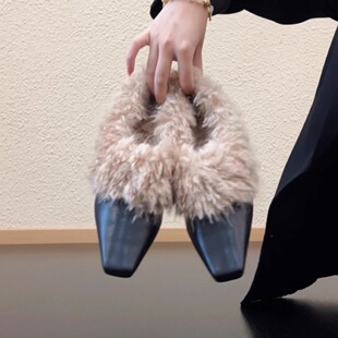 RubyL/3.5cm羊羔毛毛毛鞋气质方头牛皮粗跟一脚蹬通勤小皮鞋女款