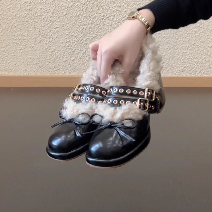 铆钉粗跟单鞋保暖毛毛玛丽珍鞋