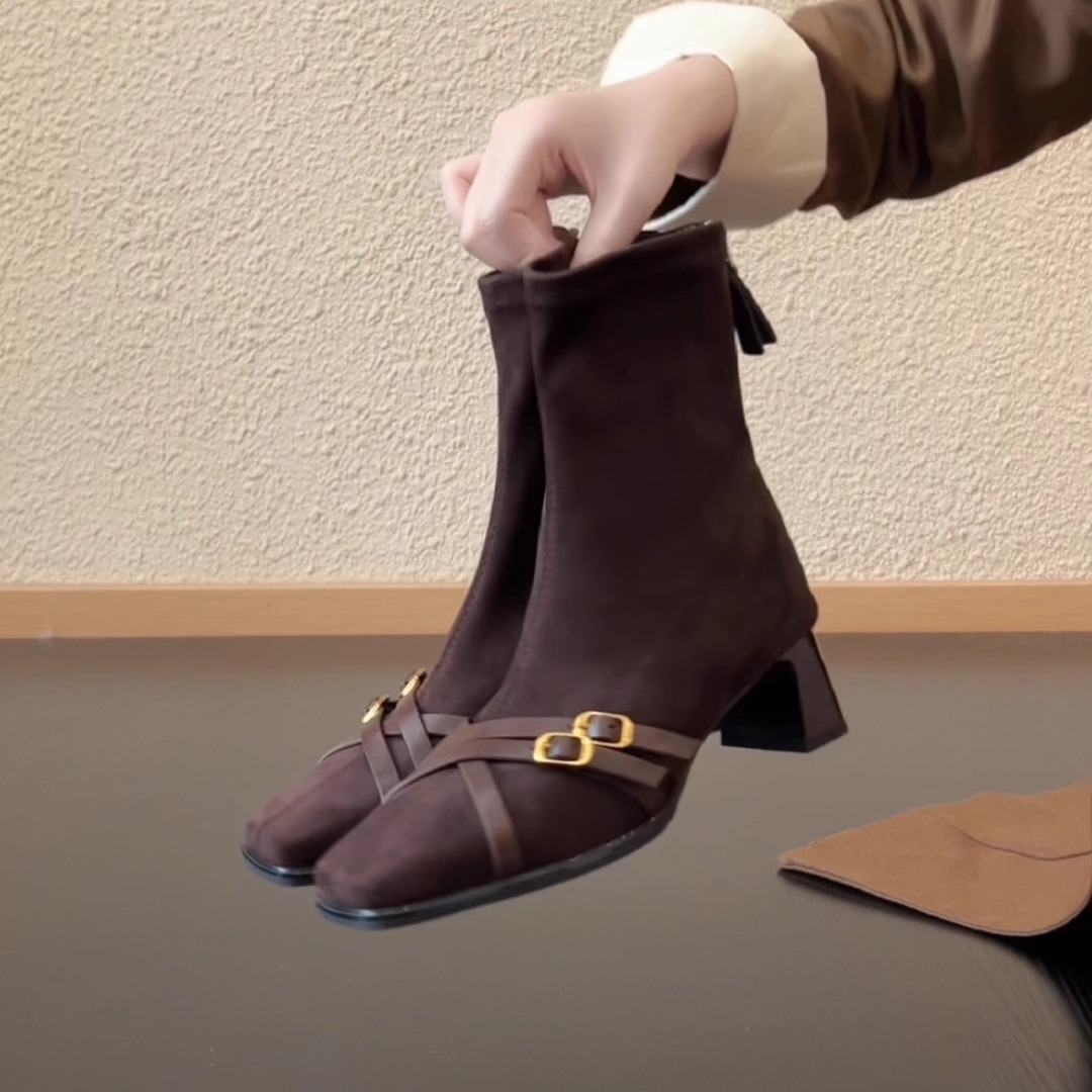 粗跟短靴牛皮方头皮带扣瘦瘦靴