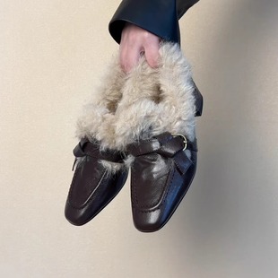 RubyL/3cm加绒毛毛乐福鞋女羊皮方头保暖懒人鞋一脚蹬百搭舒适