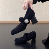 RubyL 6cm设计感水钻一字带方头浅口粗跟羊羔毛毛玛丽珍单鞋 女
