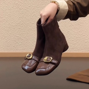 RubyL 复古方头皮带扣粗跟短靴百搭软底显瘦休闲瘦瘦靴女 3cm时尚