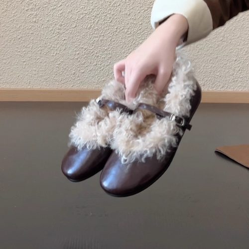 毛毛玛丽珍鞋女一字带平底一脚蹬