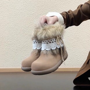 RubyL/3cm甜美风保暖雪地靴法式小圆头厚底磨砂牛皮加绒短靴女款