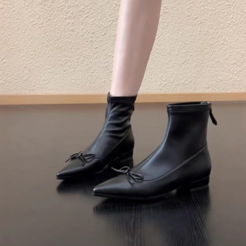 尖头低跟蝴蝶结瘦瘦短靴百搭