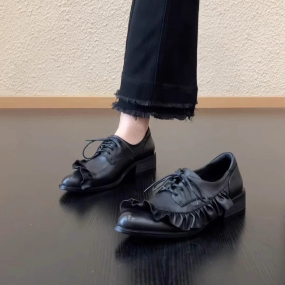设计师荷叶边系带小皮鞋乐福鞋