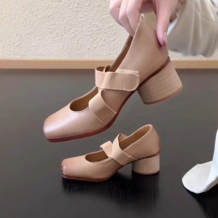 RubyL/4.5cm复古方头玛丽珍鞋女粗跟一字带芭蕾舞鞋百搭牛皮单鞋