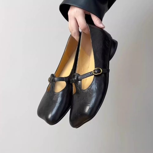 法式羊皮低跟玛丽珍单鞋山羊头