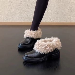 棉鞋 女牛皮粗跟保暖百搭懒人毛毛靴冬季 6.5cm厚绒毛毛鞋 RubyL